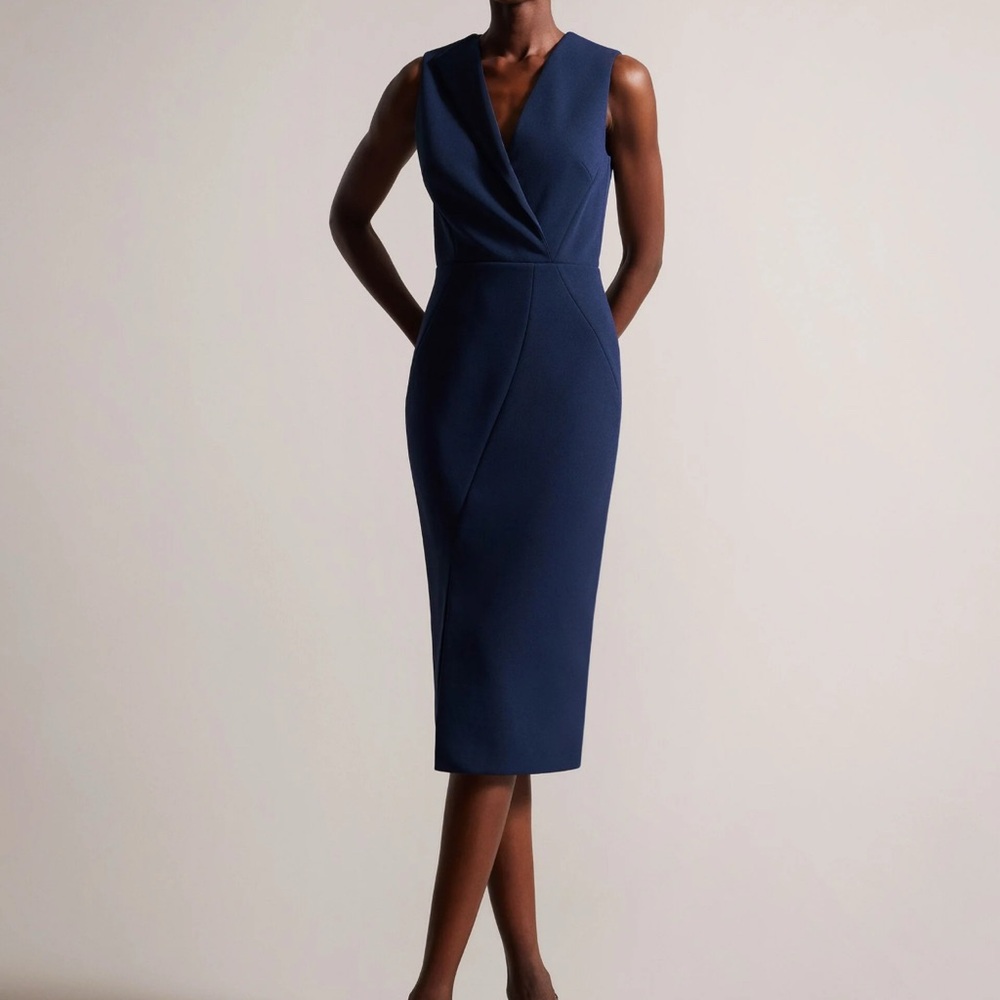 Ted Baker London Tilolah Navy Blue Bodycon Luxury Midi Dress Ted Size 4 (US 10)